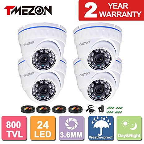 TMEZON 4 Pack 800TVL 960h with IR Cut High Resolution 24 Infrared Lens CCTV Dome Home Surveillance Security Camera Weatherproof Indoor /Outdoor Day Night Vision 3.6mm White