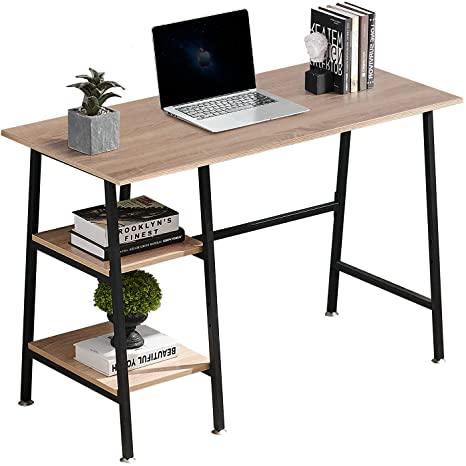 VECELO Computer Home Office Desk, Study Writing Table with 2 Tier Storage Shelves  on Left or Right, 43", Oak