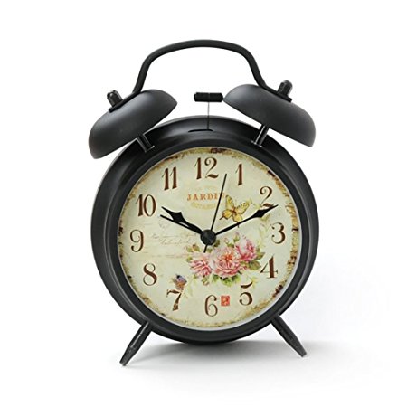 Innolife 4" Quiet Non-ticking Silent Quartz Analog Retro Vintage Bedside Twin Bell Alarm Clock With Loud Alarm and Nightlight (Butterfly with Flowers)