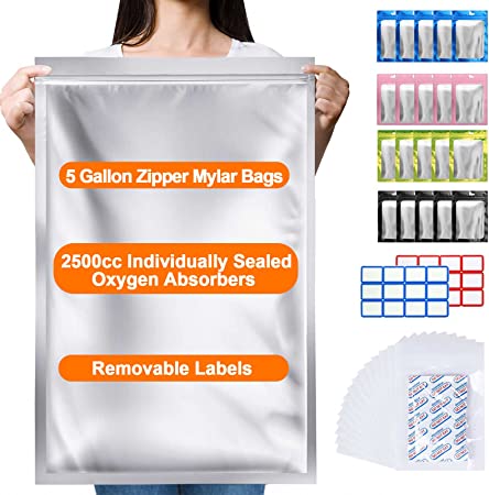 35 Pack 10.5 Mil Thick 4.5 or 5 Gallon Mylar Bags with 15 PCS Individually Sealed 2500cc Oxygen Absorbers, Zipper Resealable Mylar Bags 4.5 or 5 Gallon 16.5"x24", 1/2 Pint 4.5"x6" Mylar Bags for Long Term Food Storage