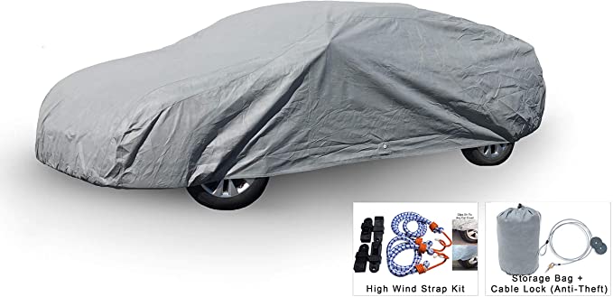 Weatherproof Car Cover Compatible with Chevrolet Bolt EV 2017-2019 - 5L Outdoor & Indoor - Protect from Rain, Snow, Hail, UV Rays, Sun - Fleece Lining - Anti-Theft Cable Lock, Bag & Wind Straps