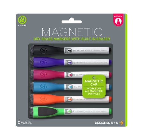 U Brands Low Odor Magnetic Dry Erase Markers With Erasers, Medium Point, Assorted Colors, 6-Count