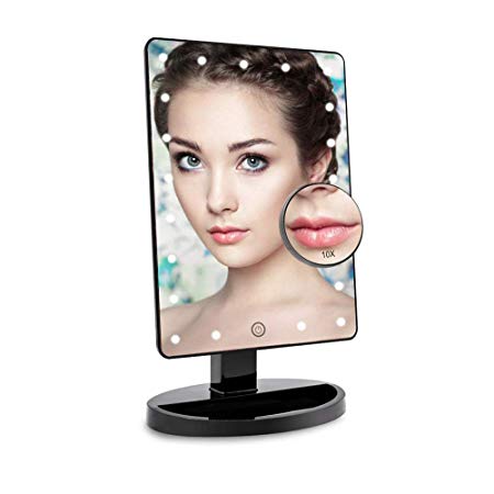 COSMIRROR Lighted Makeup Vanity Mirror with 10X Magnifying Mirror, 21 LED Lighted Mirror with Touch Sensor Dimming, 180°Adjustable Rotation, Dual Power Supply, Portable Cosmetic Mirror (Black)