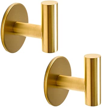 Vuzvuv Adhesive Hooks Brushed Gold SUS304 Stainless Steel Towel Hooks Heavy Duty Waterproof Wall Hooks Self Adhesive Coat Robe Towel Hooks for Bathrooms Kitchen Hotel Wall Mounted Hooks - 2 Pack