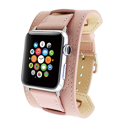 Wearlizer Genuine Leather Watch Band Replacement Strap w/ Metal Clasp for Apple Watch Series 1 2 all Models Cuff Design - 42mm Pink