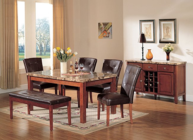 ACME Bologna Brown Marble Top Dining Table, Cherry Finish