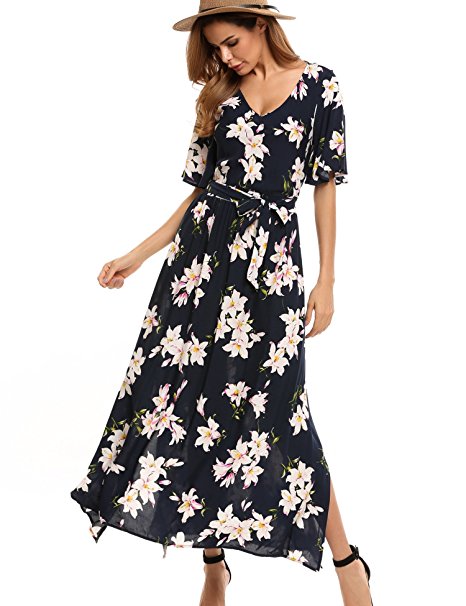 Beyove Women's Bohemian Dress Split Tie-Waist Vintage Print Floral Boho Maxi Dress