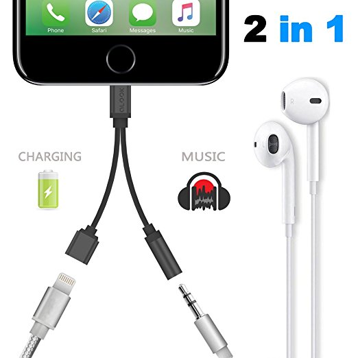 2 in 1 Lightning Adapter for iPhone 7/7 plus,ALOOK 3.5mm Earphone Stereo Jack and Lightning Charger Cable [No Music Control] for New iPhone 7/7 plus/6/6s/6 plus/5/5s/5c - Black