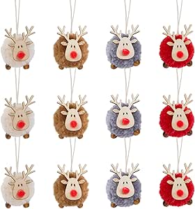 12 Pack Christmas Felt Elk Hanging Ornaments- Christmas Tree Wooden Reindeer Hanging Pendants Decorations for Xmas Party Tree Home Decor(4 Colors)