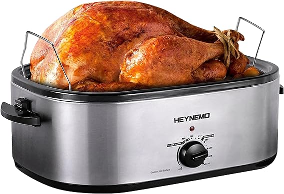 Roaster Oven, Electric Roaster Oven, Roaster Oven, Turkey Roaster Oven Buffet with Self-Basting Lid, Removable Pan, Cool-Touch Handles, Stainless Steel Silver