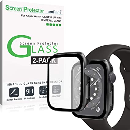 amFilm (2 Pack) Case and Screen Protector for Apple Watch Series 6 (44mm) - Protective Cover and Tempered Glass Film Compatible with iWatch Series 6, 5, 4, and SE