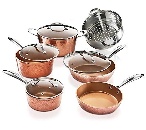 Gotham Steel Hammered Collection – 10 Piece Premium Cookware, Pots and Pan Set with Triple Coated Nonstick Copper Surface & Aluminum Composition for Even Heating, Oven, Stovetop & Dishwasher Safe