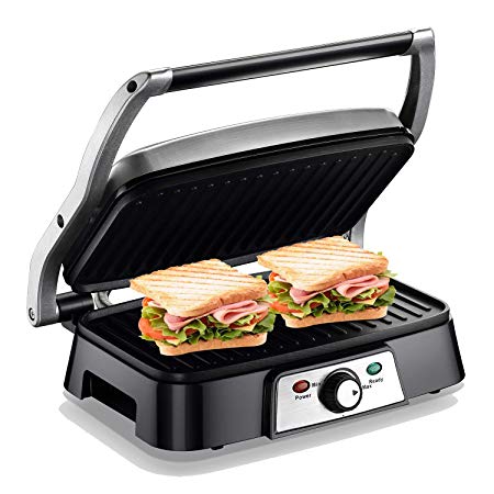 Panini Maker 2 Slice Panini Press Grill, Non-stick Sandwich Maker with Removable Drip Tray and Temperature Control, Opens 180 Degrees for Sandwich, Steaks, Grilled fish
