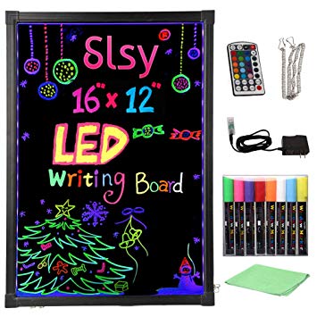 Slsy Illuminated LED Message Writing Board, 16"X12" Erasable Neon Effect Menu Sign Board with 8 Fluorescent Makers Remote Control,12Colors Flashing Modes Light Up Board