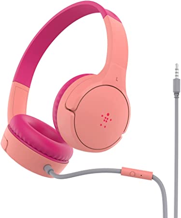 Belkin SoundForm Mini Kids Wired Headphones with Built in Microphone, On Ear Headsets Girls and Boys for Online Learning, School, Travel Compatible with iPhones, iPads, Galaxy and More–Pink