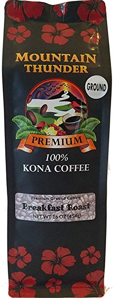 100% Kona Coffee - Premium - Ground - Breakfast Roast - 16 Ounce Bag - by Mountain Thunder Coffee Plantation