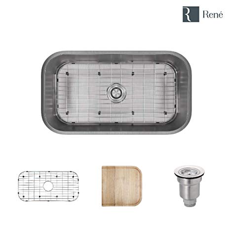 R1-1024C-16 Single Bowl Undermount Stainless Steel Kitchen Sink in 16-Gauge with Cutting Board, Grid, and Basket Strainer