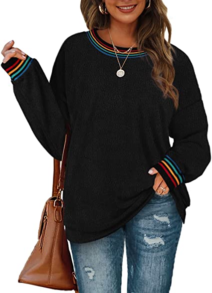 Aokosor Jumpers for Women Fuzzy Sweater Ladies Crewneck Tops Rainbow Striped Sweatshirt