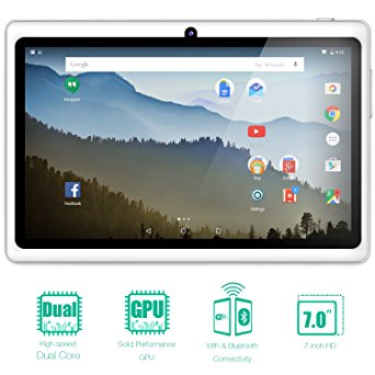 NeuTab 7'' Quad Core Android 5.1 Lollipop 1GB RAM 8GB Nand Flash Tablet PC, Wide View IPS Display 1024x600 Bluetooth Dual Camera, 1 year warranty FCC Certified (White)