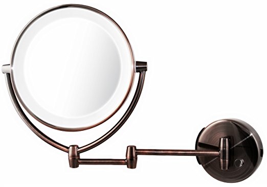 Ovente Wall Mount Mirror, Battery or USB Adapter Operated, Dimmable LED Lighted Makeup Mirror, 1x/7x Magnification, 9.5 inch, Antique Brass (MLW45AB1x7x)