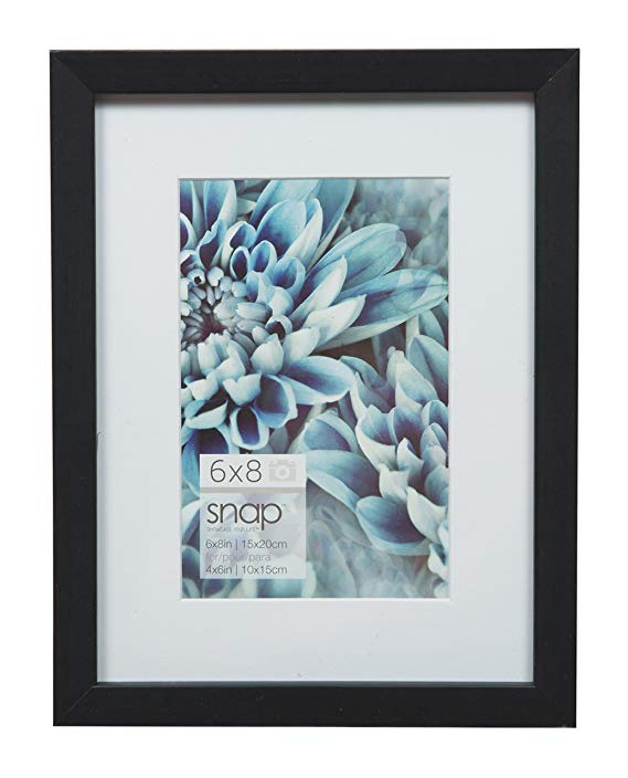 Snap 6x8 Black Wood Frame with Single White Mat For 4x6 Image
