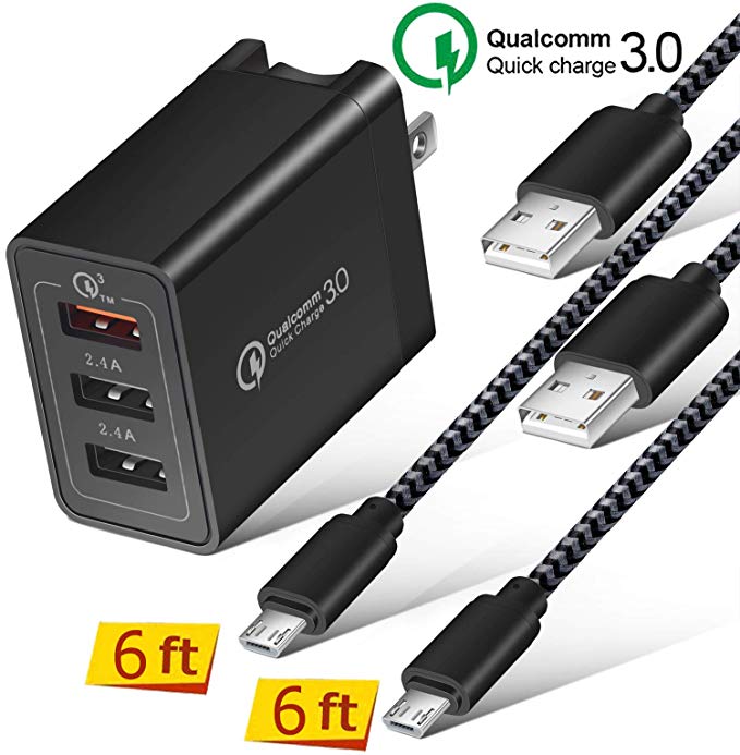BEST4ONE (3in1 Pack) Adaptive Fast Charger for Samsung Galaxy S7 /S6 /Edge Note 4/5, LG G3/G4, Android Phones (2 Micro USB Cable 6ft   3-Port Fast Charging Quick Charge 3.0 Wall Plug) Black