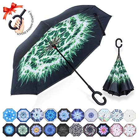 ZOMAKE Double Layer Inverted Umbrellas for Women, Reverse Folding Umbrella Windproof UV Protection Big Straight Umbrella for Car Rain Outdoor with C-Shaped Handle (Dandelion)