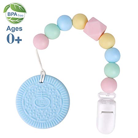 Baby Teething Toys, Teething Pain Relief, Silicone Teether with Pacifier Clip Natural BPA Free Cookie for Freezer - Easy to Hold, Soft, Best Newborn Shower Gifts for Trendy Boy or Girl (Blue)