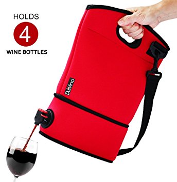 Wine Tote Purse- Neoprene Carrier for BYOB   2 Disposable Wine Baggies - Holds Up to 3 Litres (4 Bottles) - Wine to Go Made Easy! (Red)