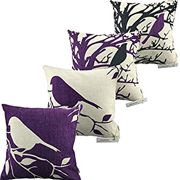 LAZAMYASA Square Cartoon Bird Printed Cushion Cover Cotton Throw Pillow Case Sham Slipover Pillowslip Pillowcase For Home Sofa Couch Chair Back Seat,4PCS,Purple,18x18in