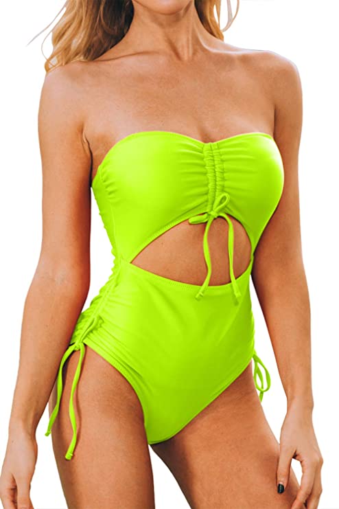 LEISUP Womens Off Shoulder Tube Top High Waist Cutout Drawstring One Piece Swimsuit