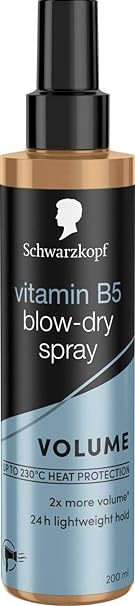 Schwarzkopf Styling Vitamin B5 Blow-Dry Hair Spray, Volume and Shine, 24hr hold, 100°C heat protectant spray, 200ml, Pack of 1