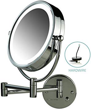 Ovente Lighted Wall Mount Mirror, 8.5 Inch, Dual-Sided 1x/7x Magnification, Hardwired Electrical Connection, Natural White LED Lights, 9-Watts, Polished Chrome (MPWD3185CH1X7X)