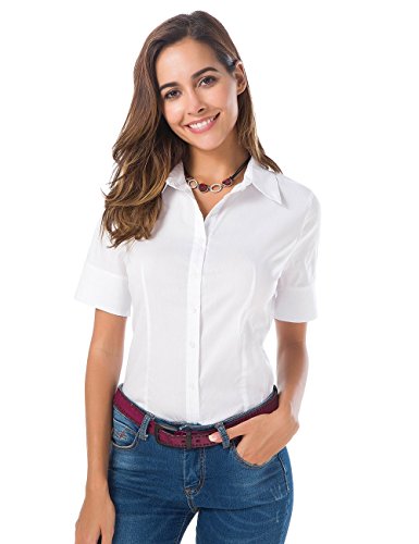 Mei teer Womens Basic Button Down Shirts Simple Short Sleeve Pullover Stretch Formal Casual Shirt