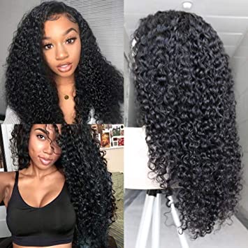 YAEONS Lace Front Wigs Curly Brazilian Virgin Human Hair 13x4 Lace Wigs with Baby Hair Pre Plucked Natural Hairline Wigs 150% density Natural Color 16inch