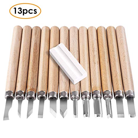 FIXKIT 13 Piece Wood Carving Kit, 12PCS Carving Tools Knife Kit with 1 Whetstone for Softwood, Wood, Resin, Clay & Pumpkin Carving