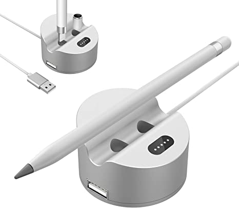 MoKo Charging Stand Adapter Compatible Apple Pencil 1st Generation, iPad Pencil Charger Apple Pen Holder Charging Dock Station with Display Screen USB Port Fit iPad 9th/8th/Pro/Air/Mini, Silver