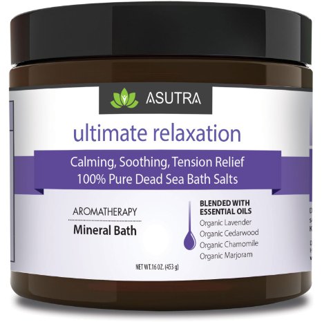 "ULTIMATE RELAXATION" -100% Pure Dead Sea Bath Salts / Calming, Soothing, Tension Relief / Healing Aromatherapy / Organic Essential Oils of Lavender, Cedarwood, Chamomile & Marjoram - 16oz
