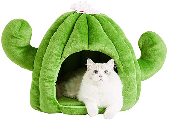 VETRESKA Cat Bed Cactus/Peach Shape Soft Cat Cave with Removable Washable Cushioned Pillow, Green/Pink