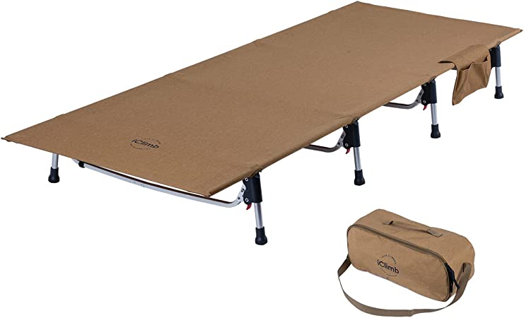 iClimb Super Easy Assemble Folding Cot Ultralight Compact Heavy Duty with Carry Bag for Adults Camping Backpacking (Brown)