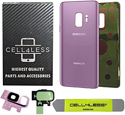 CELL4LESS Compatible Back Glass Cover Back Battery Door w/Pre-Installed Adhesive - Removal Tool - Camera Lens for Samsung Galaxy S9 OEM - All Models G960 All Carriers- 2 Logo OEM Replacement (Purple)