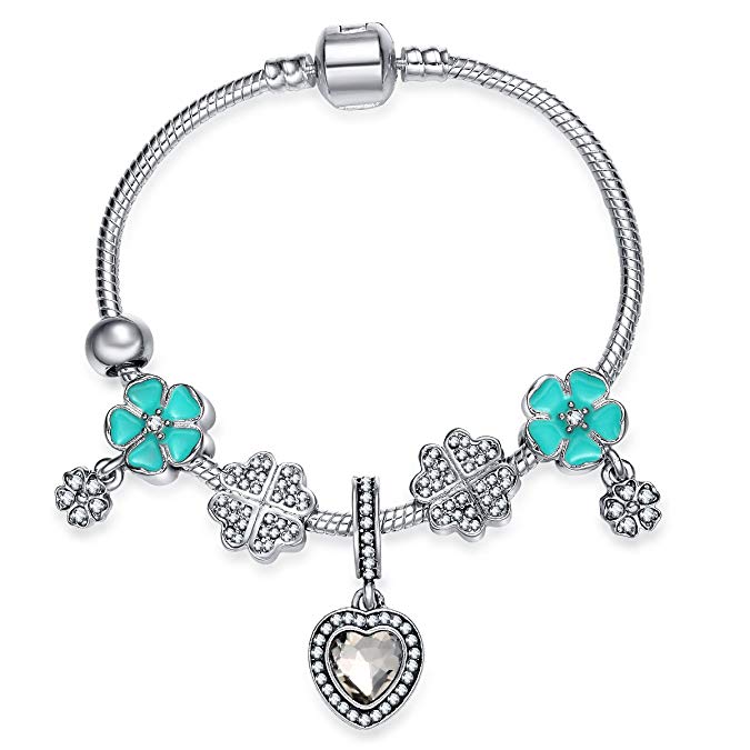 Presentski Four-Leaf Clover Charm Bracelet 925 Sterling Silver Plated with Heart Pendant with CZ Christmas Day Gift for Little Girls