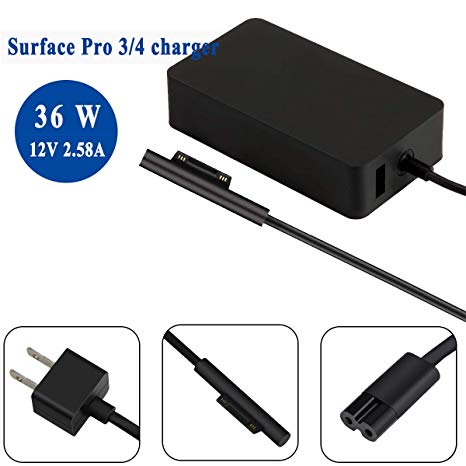 YIPBOWPT Surface Pro 4 Pro 3 Charger, 36W 12V 2.58A Power Supply Model 1625 for Microsoft Surface Pro 3 Pro 4 i5 i7 Pro 5 & Surface Laptop with 5V 1A USB Charging Port
