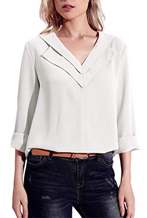 Dokotoo Womens Casual Roll Sleeve V Neck Chiffon Tops Blouses S-XXL