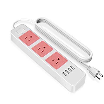 TNP Power Strip with USB Surge Protector - 3 AC Outlet 4 USB Port Charger Charging Station Smart Travel Power Supply Bar Adapter Multi Socket Plug Extension Cord For Smartphone & Appliance (6ft, Pink)