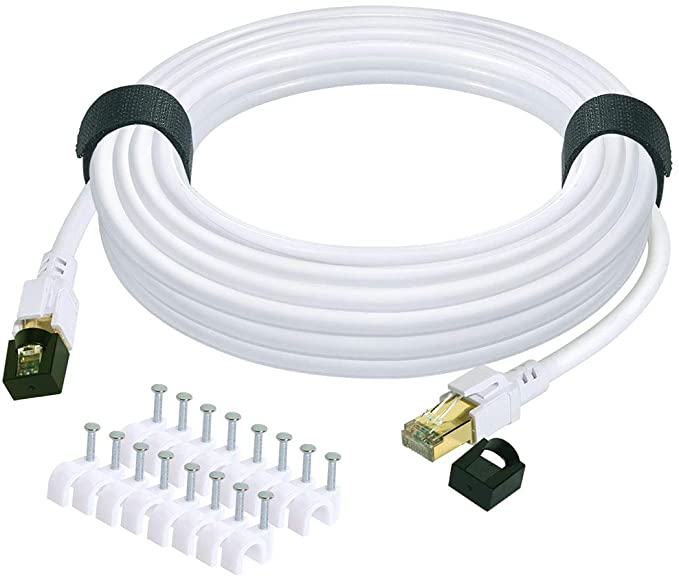 Cat 8 Ethernet Cable 100ft Internet Network LAN Patch Cable Cord Shielded High Speed 40Gbps 2000Mhz RJ45 Cables for Gaming, Router, PS4, Xbox - Compatible with Cat7/Cat6a/Cat5e Network - White