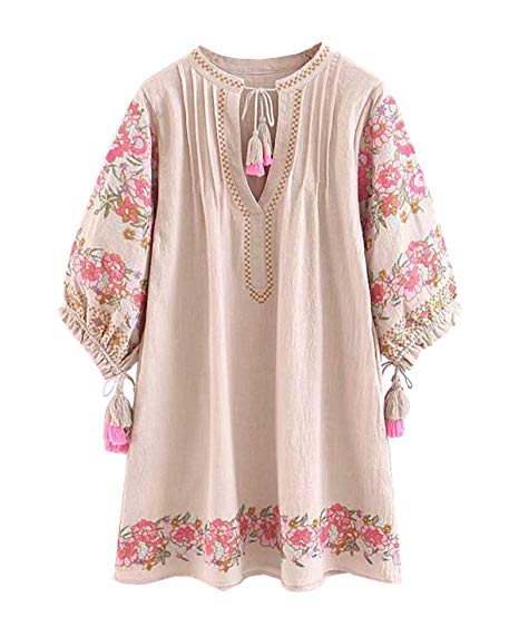 R.Vivimos Women's Autumn 3/4 Sleeve Cotton Linen Floral Embroidery Casual Tunic Dresses