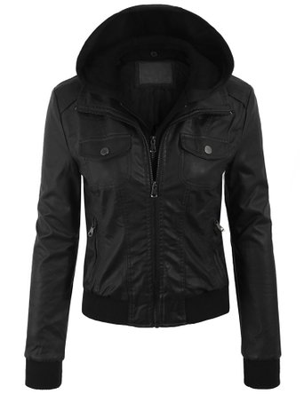 Kogmo Womens Faux Leather Zip Up Bomber Jacket with Removable Fleece and Hoodie