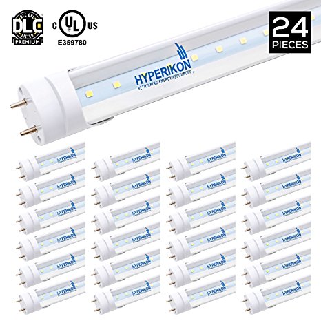 24-Pack of Hyperikon T8 LED Light Tube, 4ft, 18W (40W equivalent), 5000K (Crystal White Glow), Single Ended Power, Clear 1 Line, UL-Listed & DLC-Qualified [24 Tombstones Included]