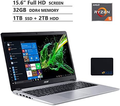 Acer Aspire 5 Laptop, 15.6” Full HD Screen, AMD Ryzen 5-3500U Processor up to 3.7GHz, 32GB RAM, 1TB PCIe SSD   2TB HDD, Webcam, Wireless-AC, HDMI, Win 10 Home, Silver, Wireless Mouse, KKE Mousepad